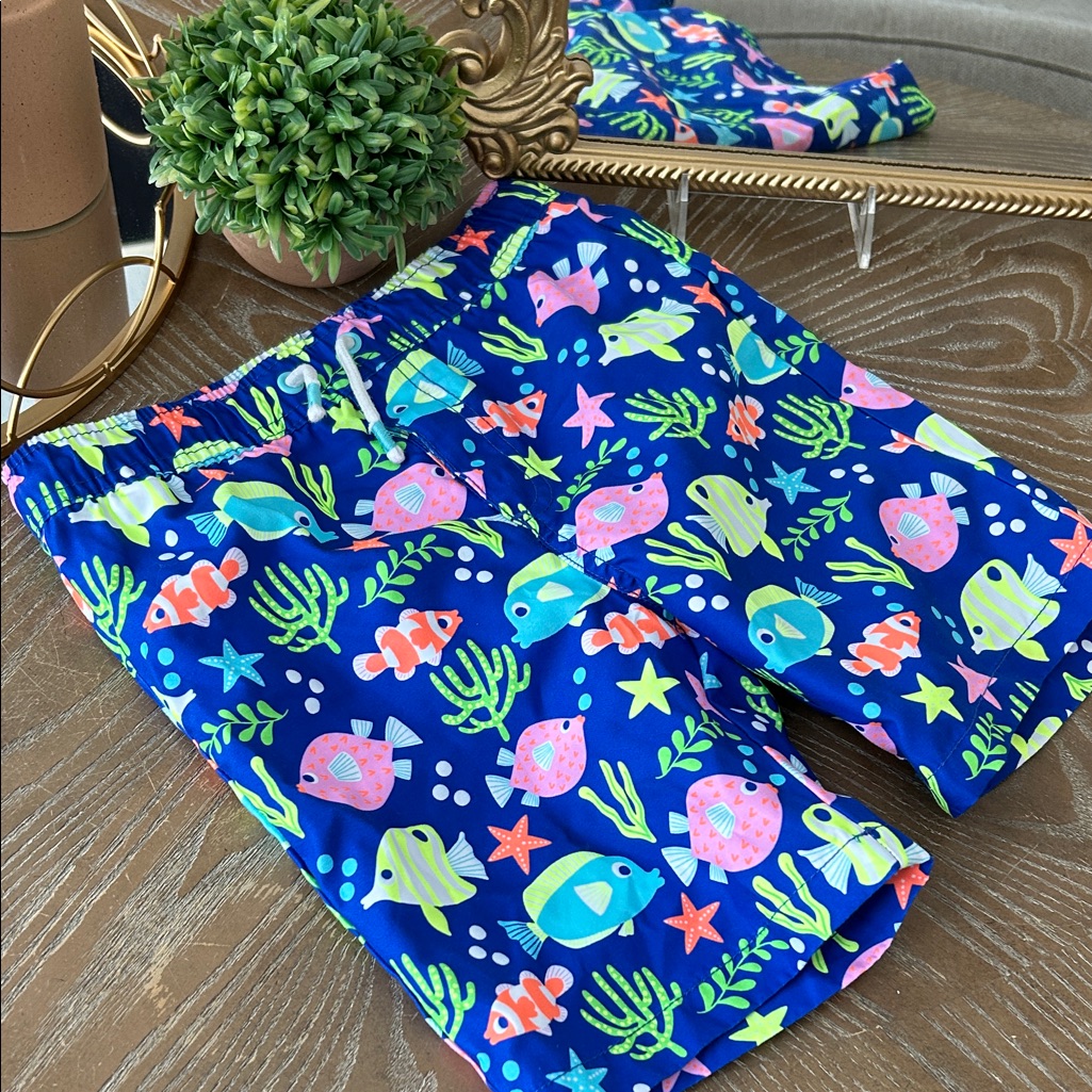 Boys Gymboree Colorful Tropical Fish Print Lined Swim Trunk Shorts